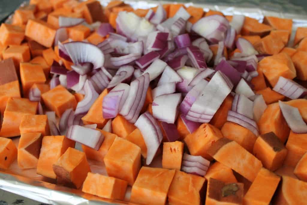 roasted sweet potato salad ready for oven