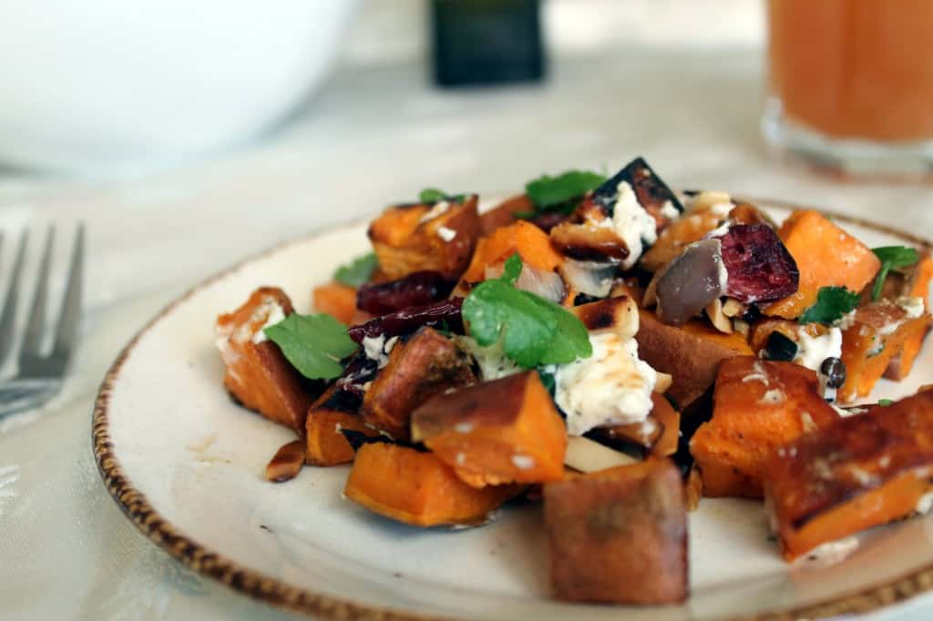 Sweet potatoes with chevre and toasted nuts