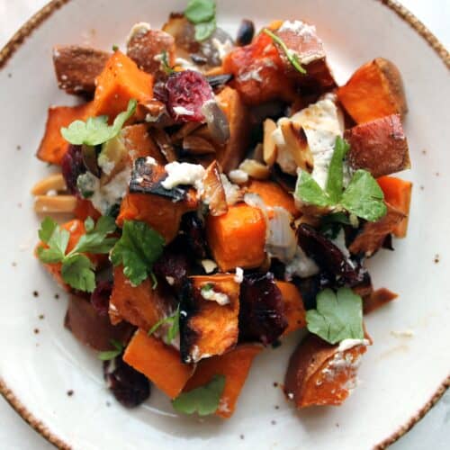 Roasted sweet potato salad with goat cheese and pecans
