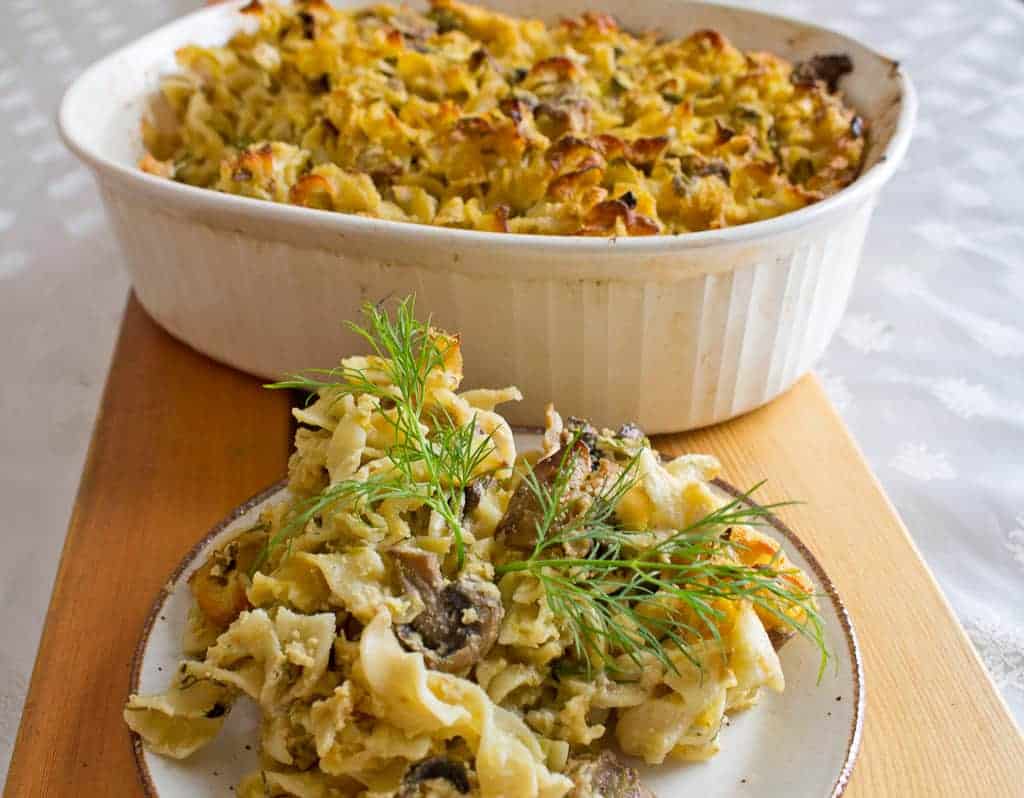 Mushroom and leek kugel baked