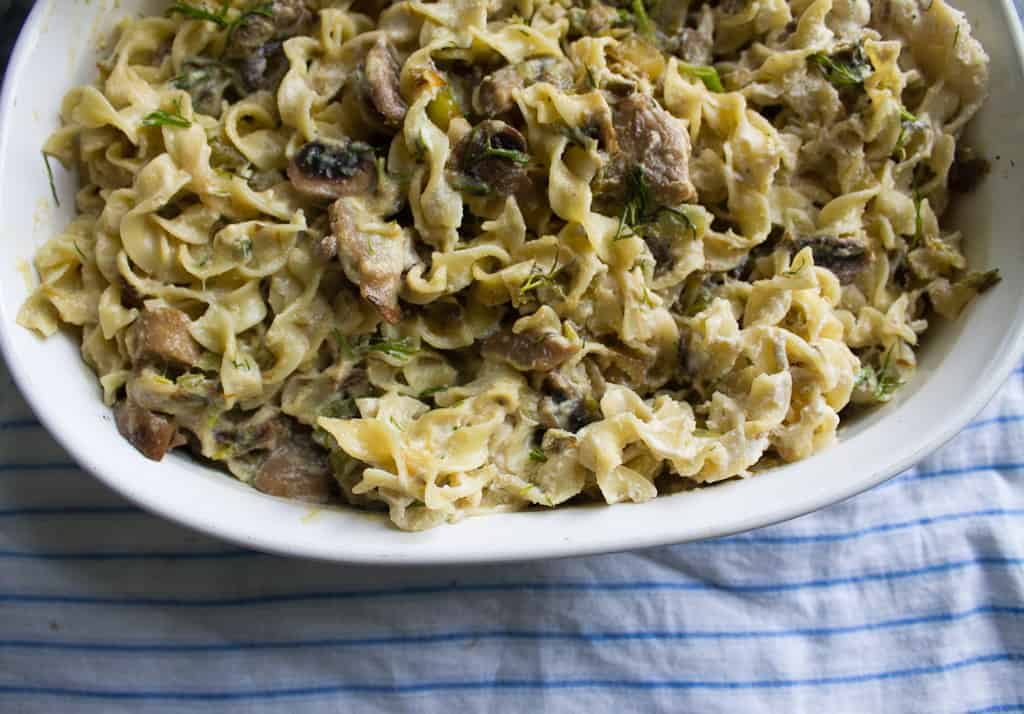 Mushroom and leek kugel ready for oven