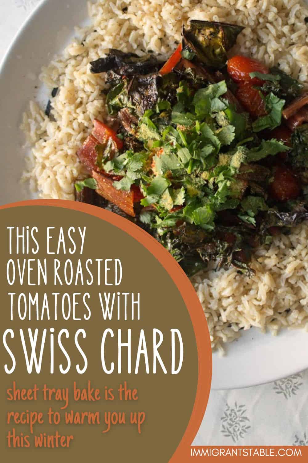 roasted swiss chard and tomatoes on rice