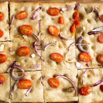 Sourdough focaccia with tomatoes and onions