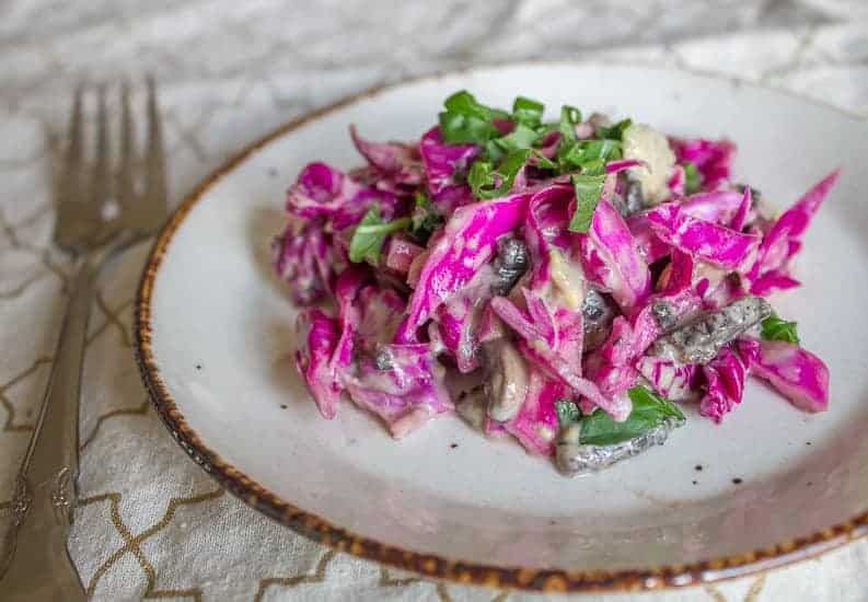 Purple cabbage and pickled mushroom salad 13