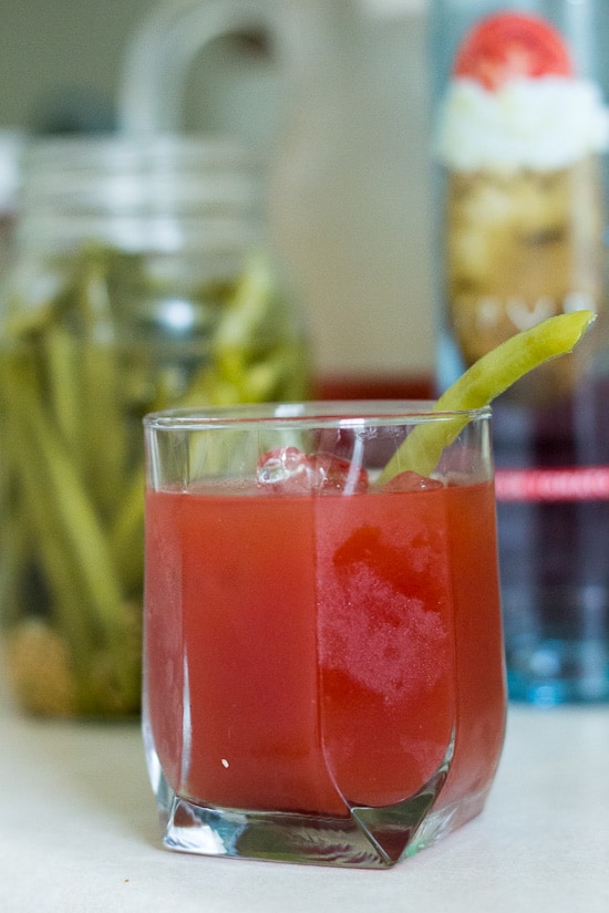 pickled green beans make the perfect accoutrement to an authentic Canadian Caesar cocktail