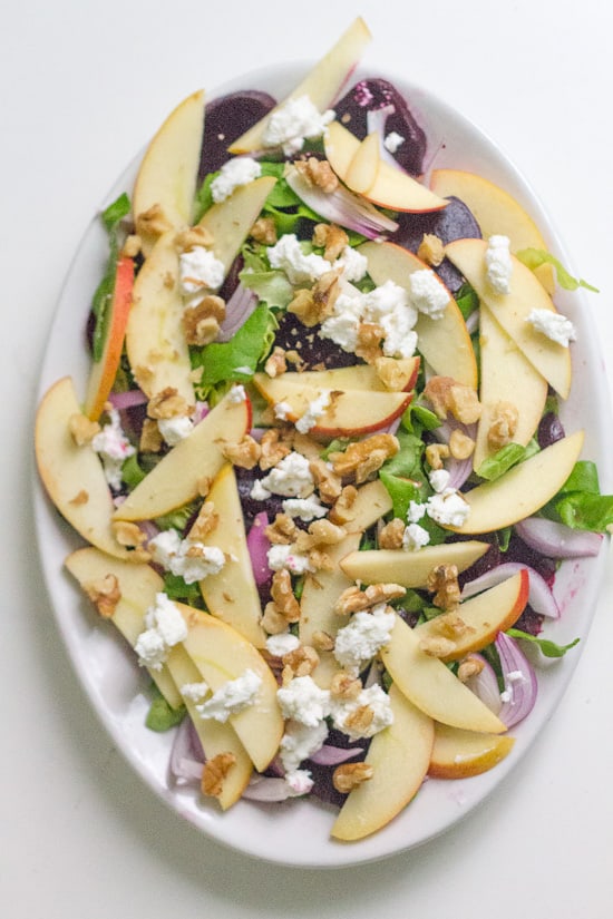 Roasted beet, apple and goat cheese salad with walnuts