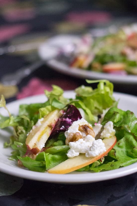 Roasted beet, apple and goat cheese salad with walnuts