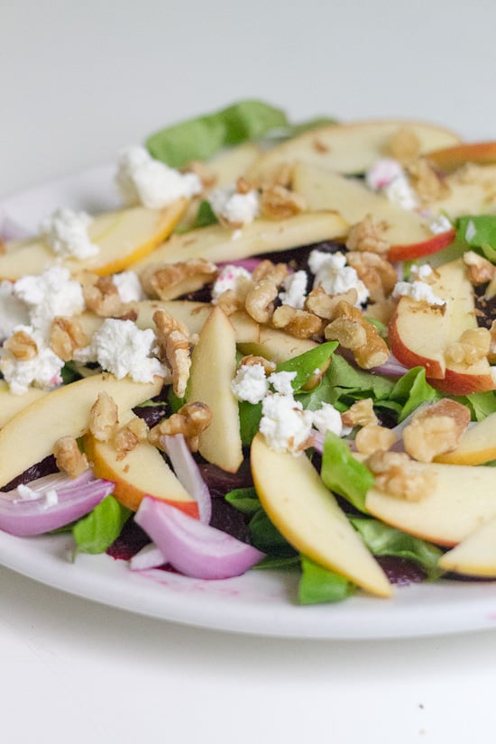 Roasted beet, apple and goat cheese salad with walnuts