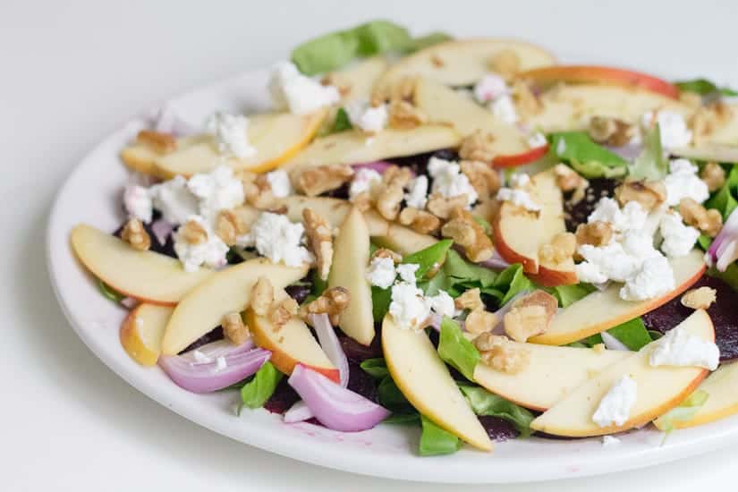 Roasted beet, apple and goat cheese salad with walnuts