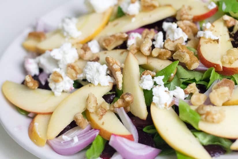 Roasted beet, apple and goat cheese salad with walnuts