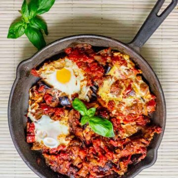 Eggplant shakshuka in cast iron pan