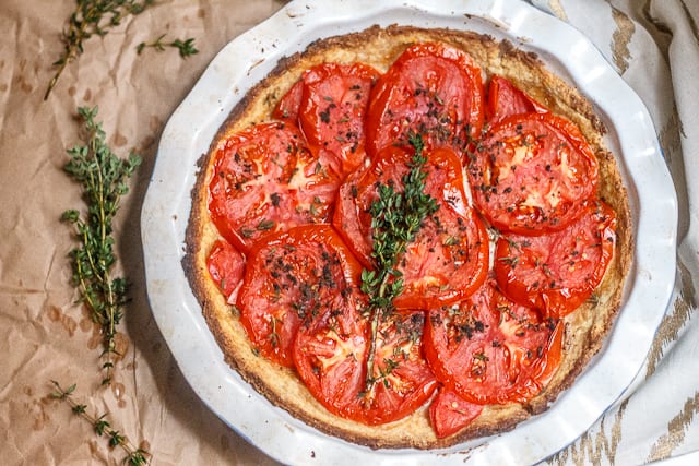 Summer's last tomato tart - Encapsulated in a an olive-oil crust, this tomato tart is full of tangy (vegan) mayonnaise, sharp, grainy mustard, and the summer's last tomatoes.