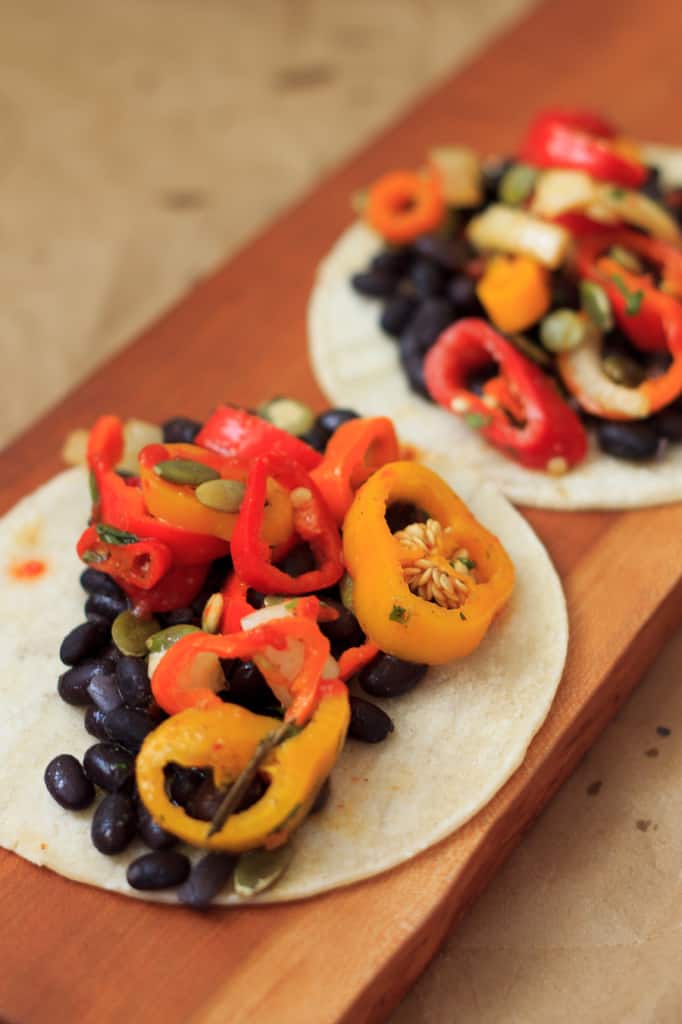 Black bean and sweet pepper salsa tacos