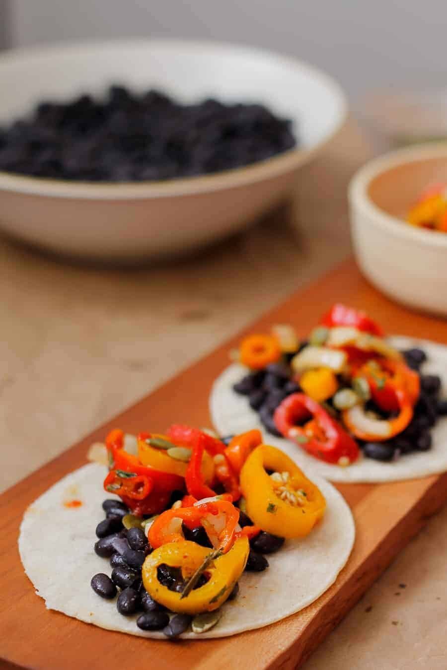 Black bean tacos with sweet pepper salsa