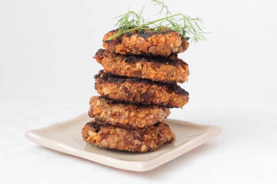 Roasted garlic and yam burgers with a Tamari almond coating