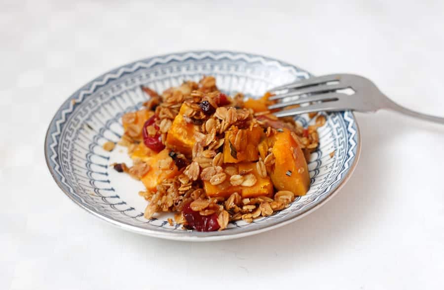 Sweet potato, almond and cranberry casserole with berry granola crumble