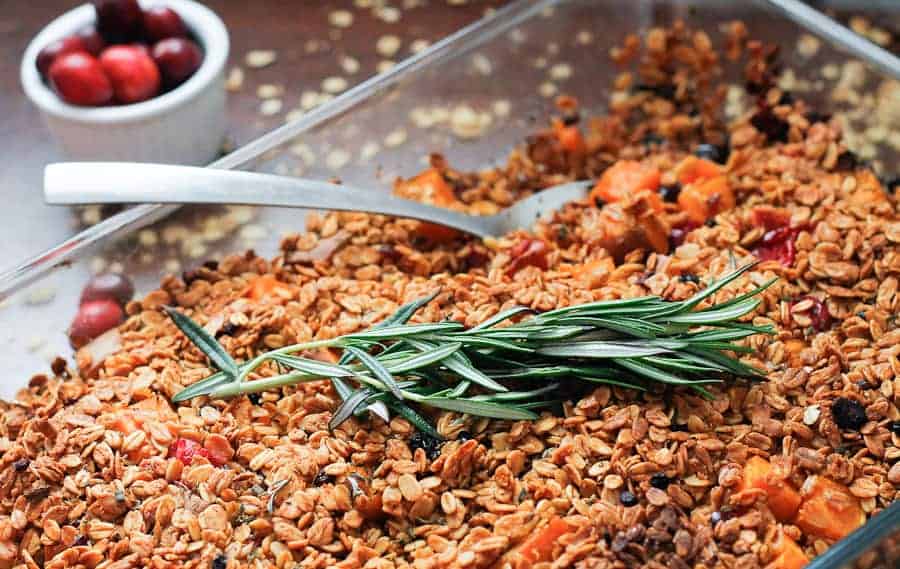 Sweet potato, almond and cranberry casserole with berry granola crumble