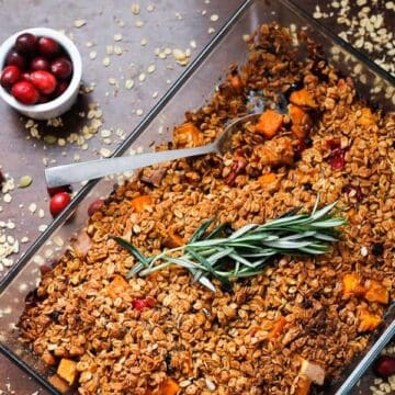 Sweet potato, almond and cranberry casserole with berry granola crumble