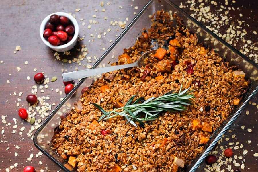 Sweet potato, almond and cranberry casserole with berry granola crumble