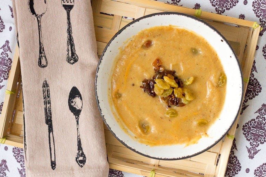 Middle Eastern spiced Cauliflower soup with golden raisins