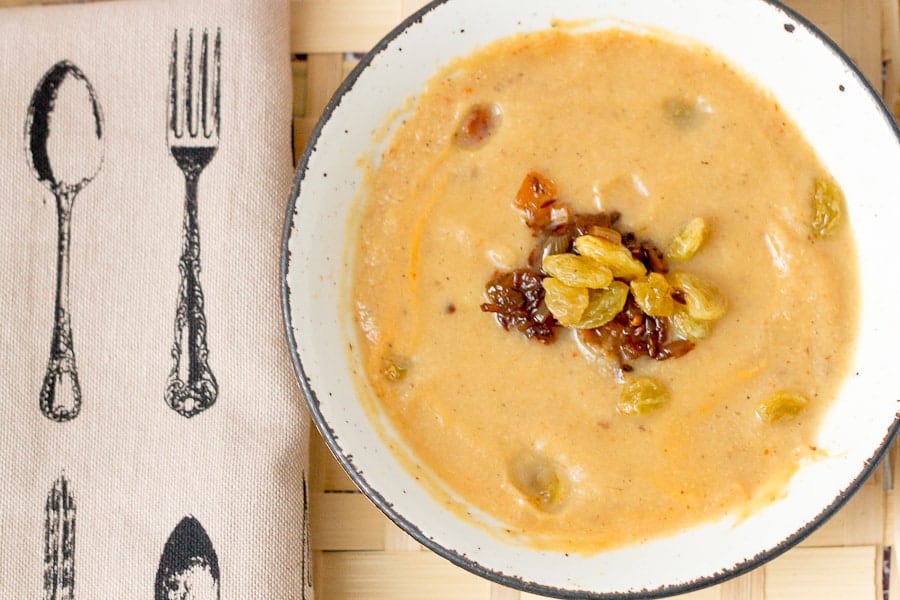 Middle Eastern spiced Cauliflower soup with golden raisins