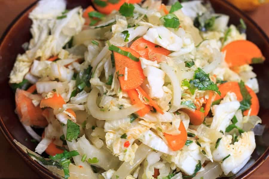 Hot and sour shredded Napa cabbage salad