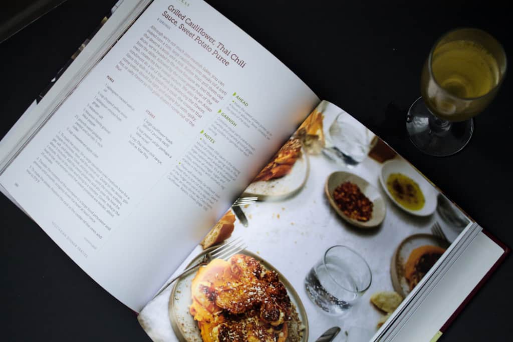 Roasted cauliflower steaks on spicy sweet potato puree