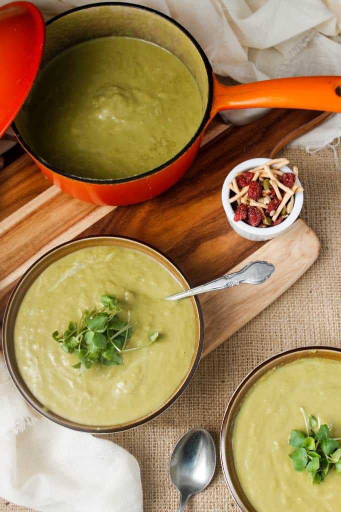 Creamy broccoli stems soup with salad topper crunch