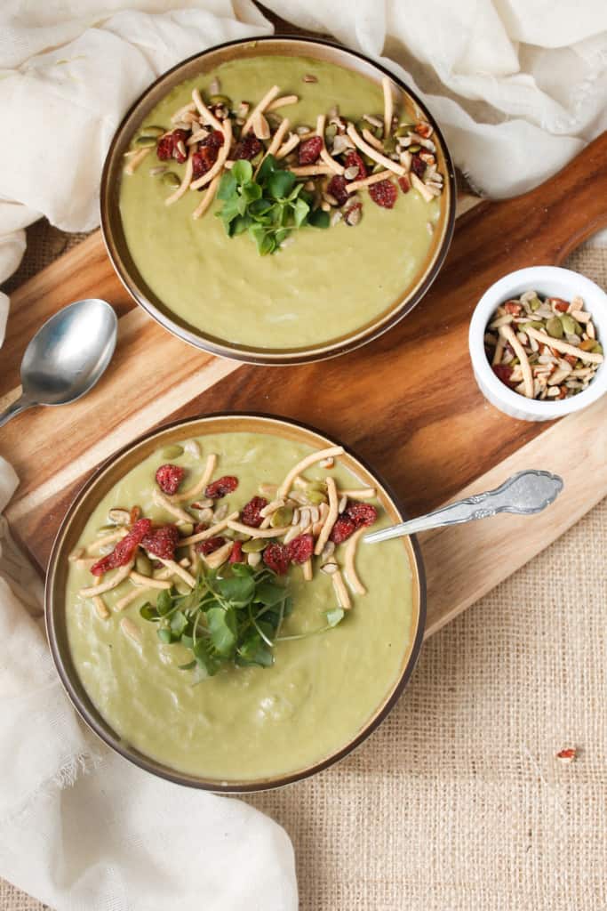 Creamy broccoli stems soup with salad topper crunch