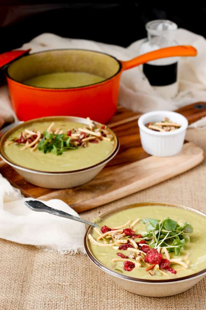 Creamy broccoli stems soup with salad topper crunch