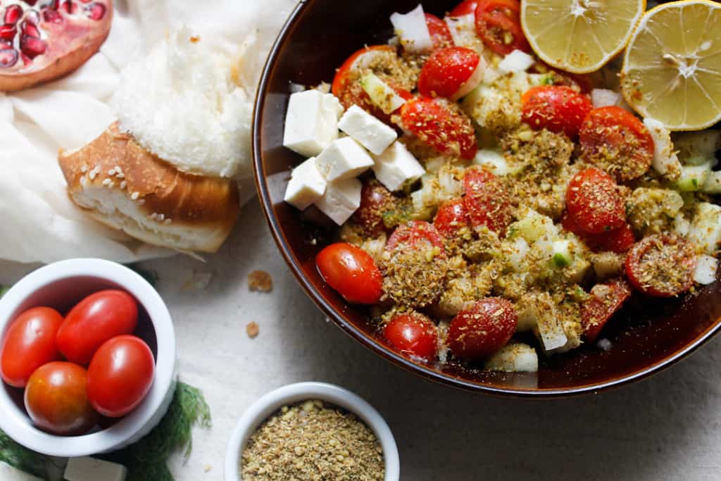 One of my family's favourite breakfast dishes is a fresh Israeli chopped salad with feta, za'atar and sumac. It's quick, easy, and perfect for additions.