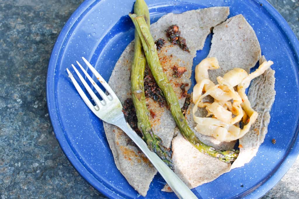 A taste of springtime in Montreal: a light spring picnic with buckwheat crepes with asparagus, chermoula and spicy eggplants, and Argentinian yerba mate.
