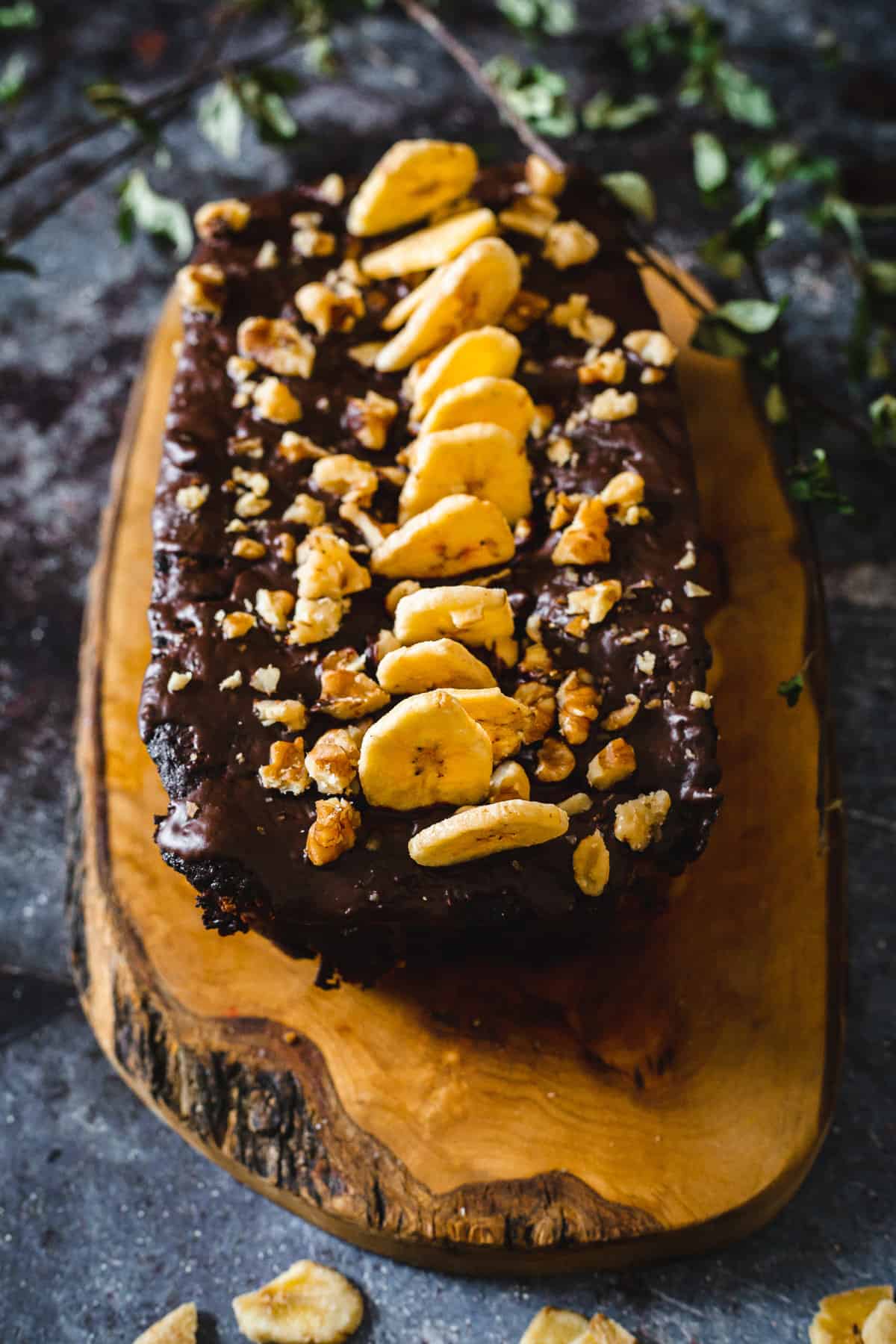 close up of chocolate banana bread with chocolate glaze