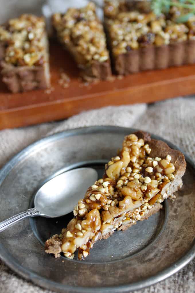 This walnut and buckwheat caramel tart is a perfect pairing of sweet and salty flavours, and crispy and silky textures. Gluten-free, dairy-free.