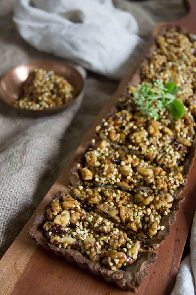 This walnut and buckwheat caramel tart is a perfect pairing of sweet and salty flavours, and crispy and silky textures. Gluten-free, dairy-free.