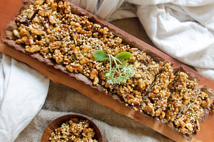 This walnut and buckwheat caramel tart is a perfect pairing of sweet and salty flavours, and crispy and silky textures. Gluten-free, dairy-free.