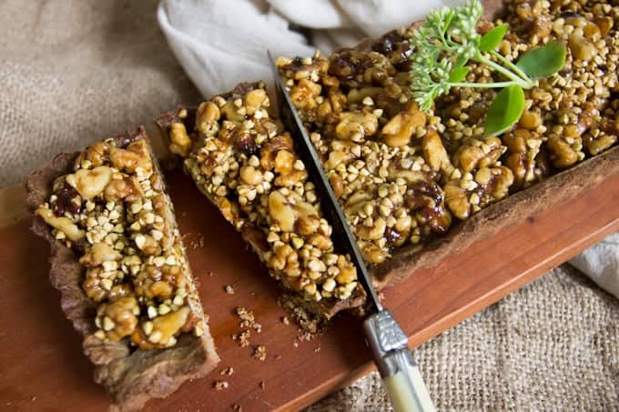 This walnut and buckwheat caramel tart is a perfect pairing of sweet and salty flavours, and crispy and silky textures. Gluten-free, dairy-free.