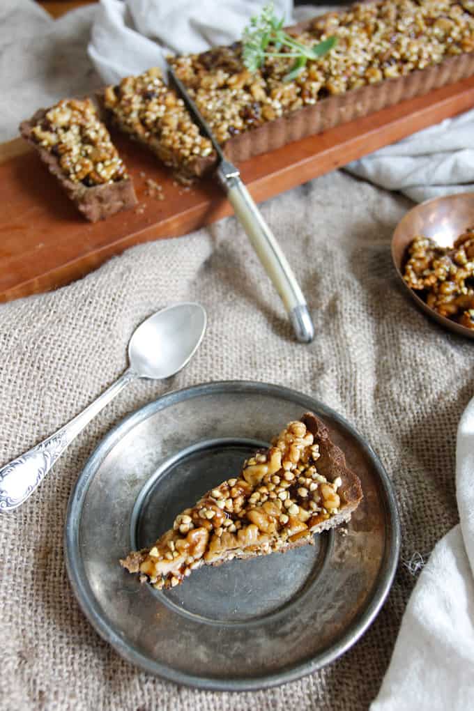 This walnut and buckwheat caramel tart is a perfect pairing of sweet and salty flavours, and crispy and silky textures. Gluten-free, dairy-free.
