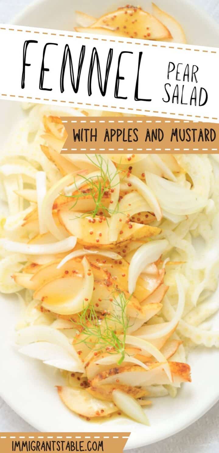 fennel and pear and apple salad on a white platter