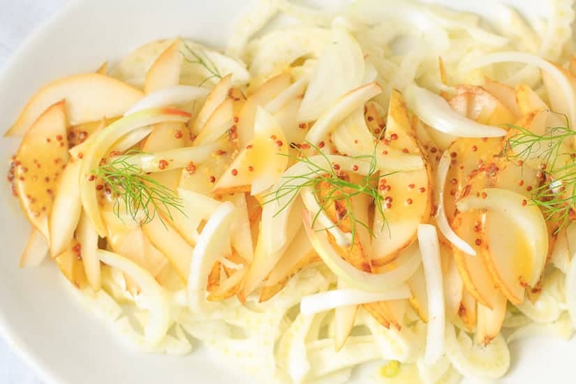 Fennel salad with pears, apples and mustard vinaigrette is fresh, tangy and sweet, a perfect side for a rich dish.