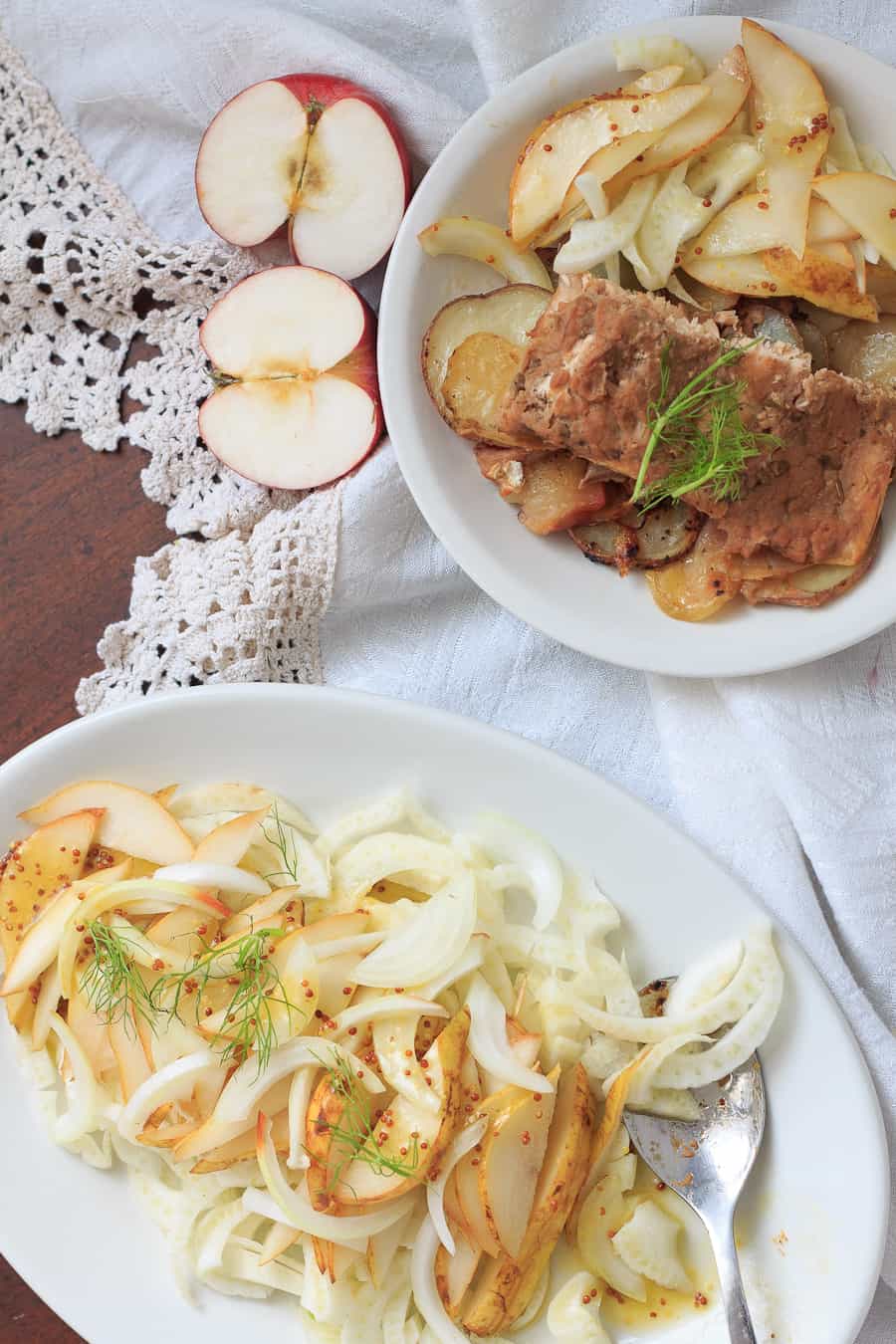 Dressed in spiced apple sauce and cooked to perfection, this roasted salmon rests on a bed of naturally sweet, caramelized apples and potatoes.