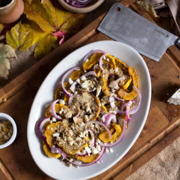 Delicata squash with feta, red onions and fragrant Middle Eastern dukkah is a perfect interplay between sweet and mellow, sharp and tangy.
