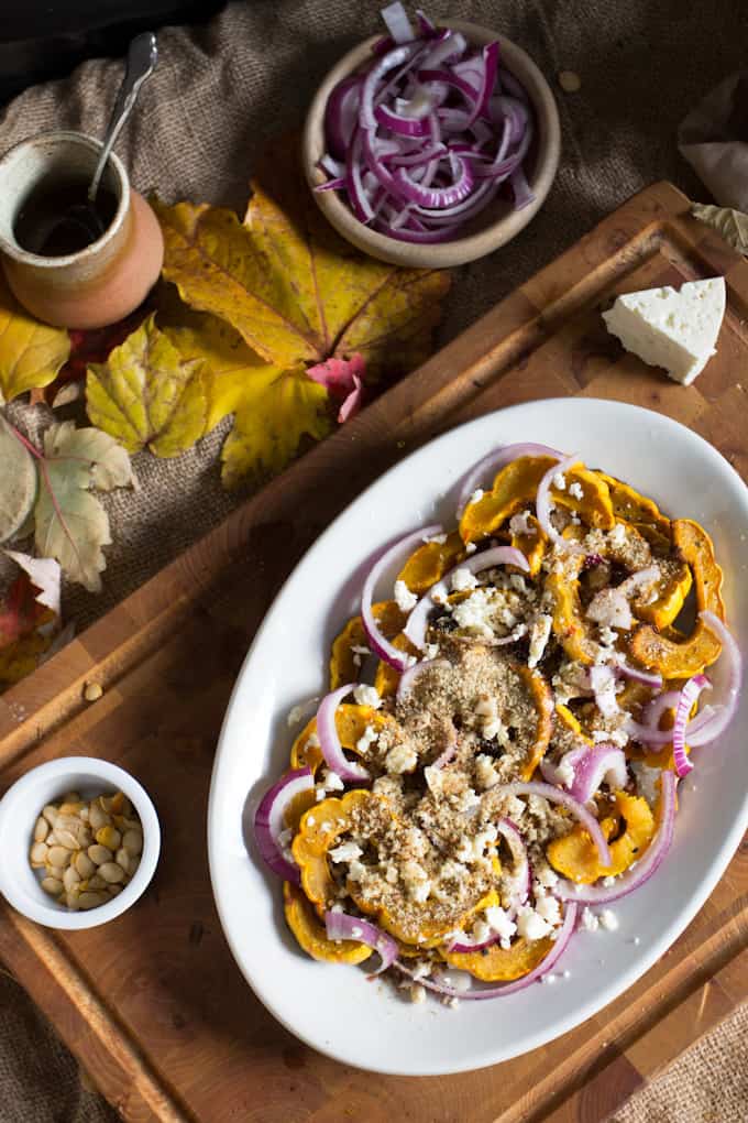 Delicata squash with feta, red onions and fragrant Middle Eastern dukkah is a perfect interplay between sweet and mellow, sharp and tangy.