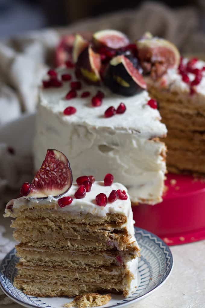 A gluten-free layered Russian fig and honey cake (medovik) - a scrumptious cake with layers of crispy thin pastry, decadent mascarpone cream and fresh fruit