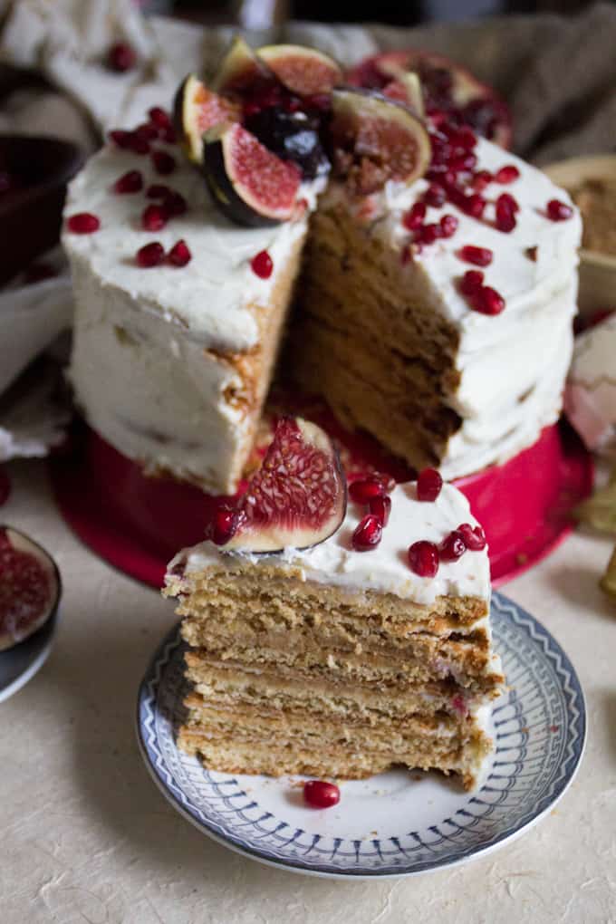 A gluten-free layered Russian fig and honey cake (medovik) - a scrumptious cake with layers of crispy thin pastry, decadent mascarpone cream and fresh fruit