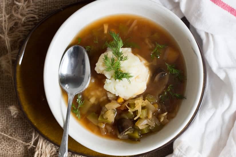 This Slovakian sauerkraut soup is tangy and rich in flavour, full of plump mushrooms and juicy strands of cabbage. A full winter meal!