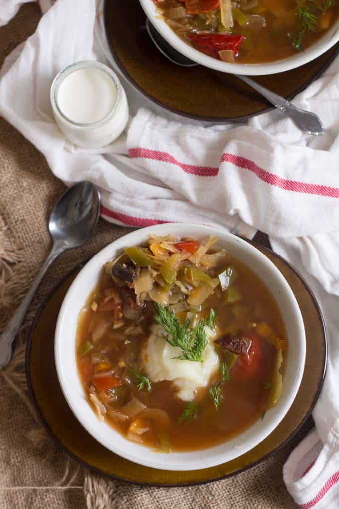 This Slovakian sauerkraut soup is tangy and rich in flavour, full of plump mushrooms and juicy strands of cabbage. A full winter meal!