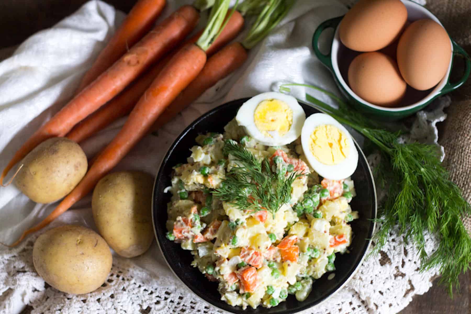salad in bowl with eggs and carrots
