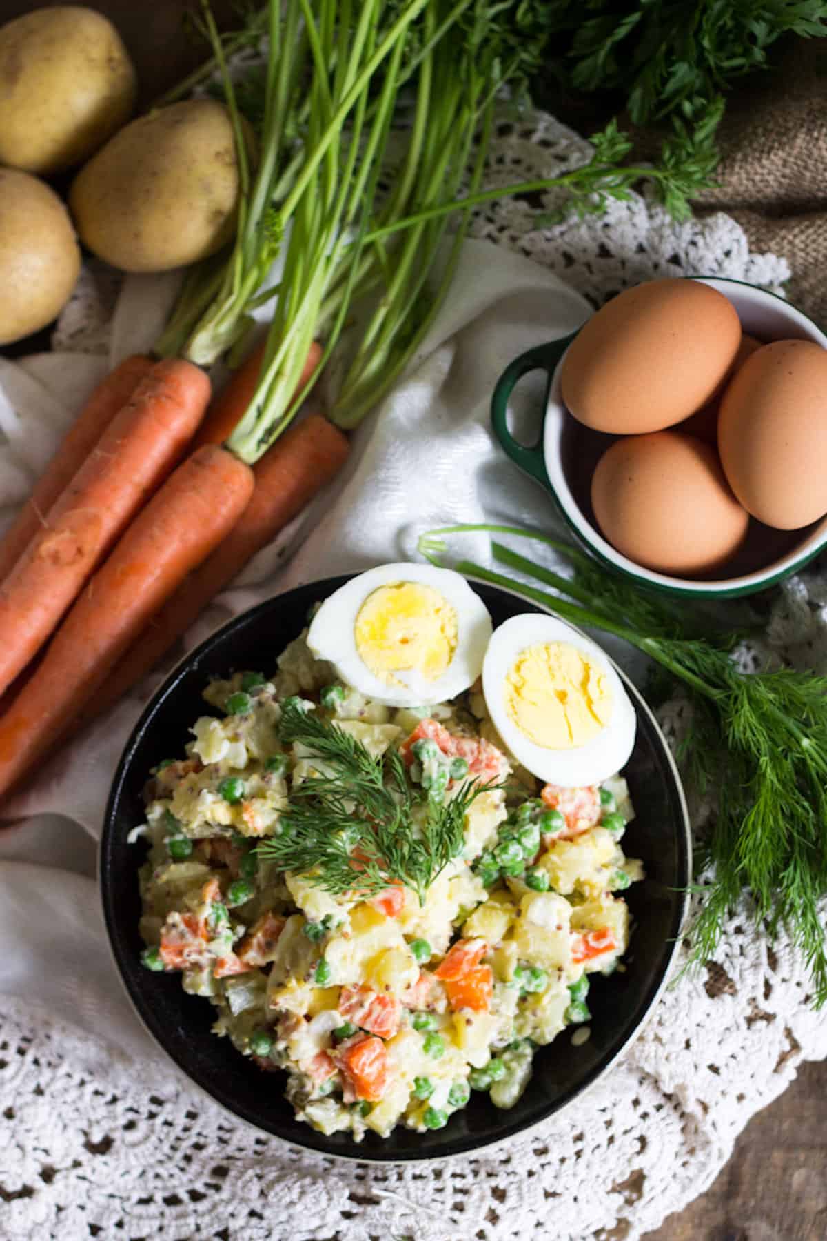 salad in bowl with eggs and carrots