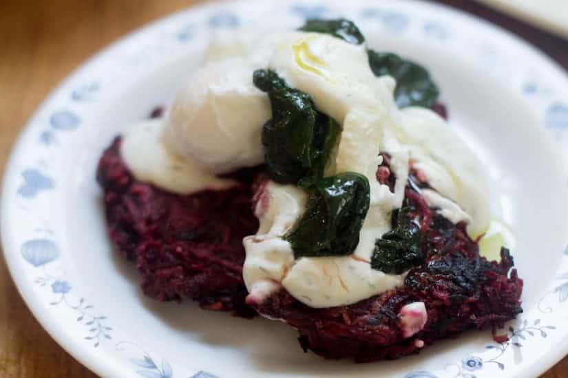 Beet latkes with dill creme fraiche, by Chef Leighton Fontaine from the Winnipeg Cooks cookbook giveaway